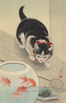  Katzen Kunst - Katz und Schale Goldfisch 1933 Ohara Koson Fisch